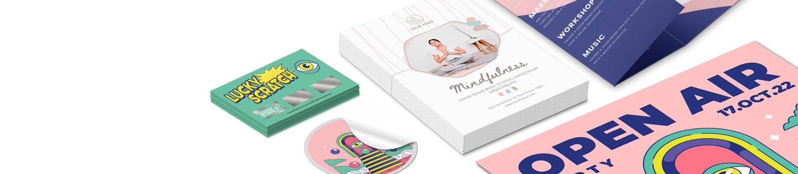 Collage produits impression en ligne: carte grattage, flyer mindfulness, affiche et sticker. Sprint24.