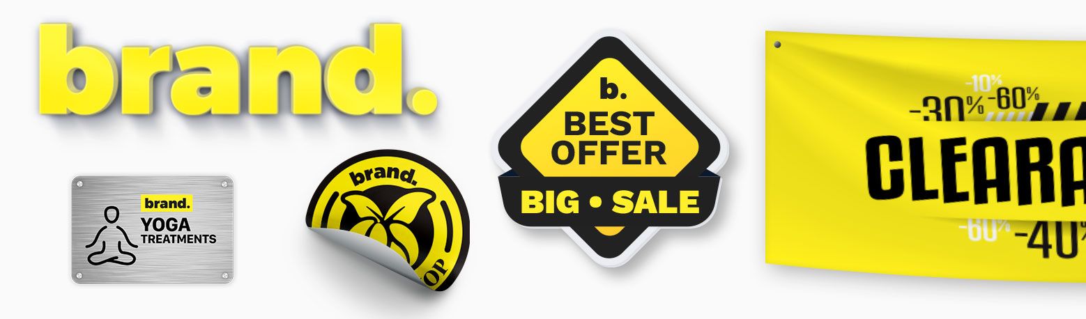 Collection de supports publicitaires imprimés sur PVC : enseignes de marque, autocollants ronds, badges promotionnels en forme et banderoles de soldes. Sprint24 imprime des panneaux, présentoirs et signalétique PVC adhésive pour commerces, événements et promotions extérieures avec livraison rapide.