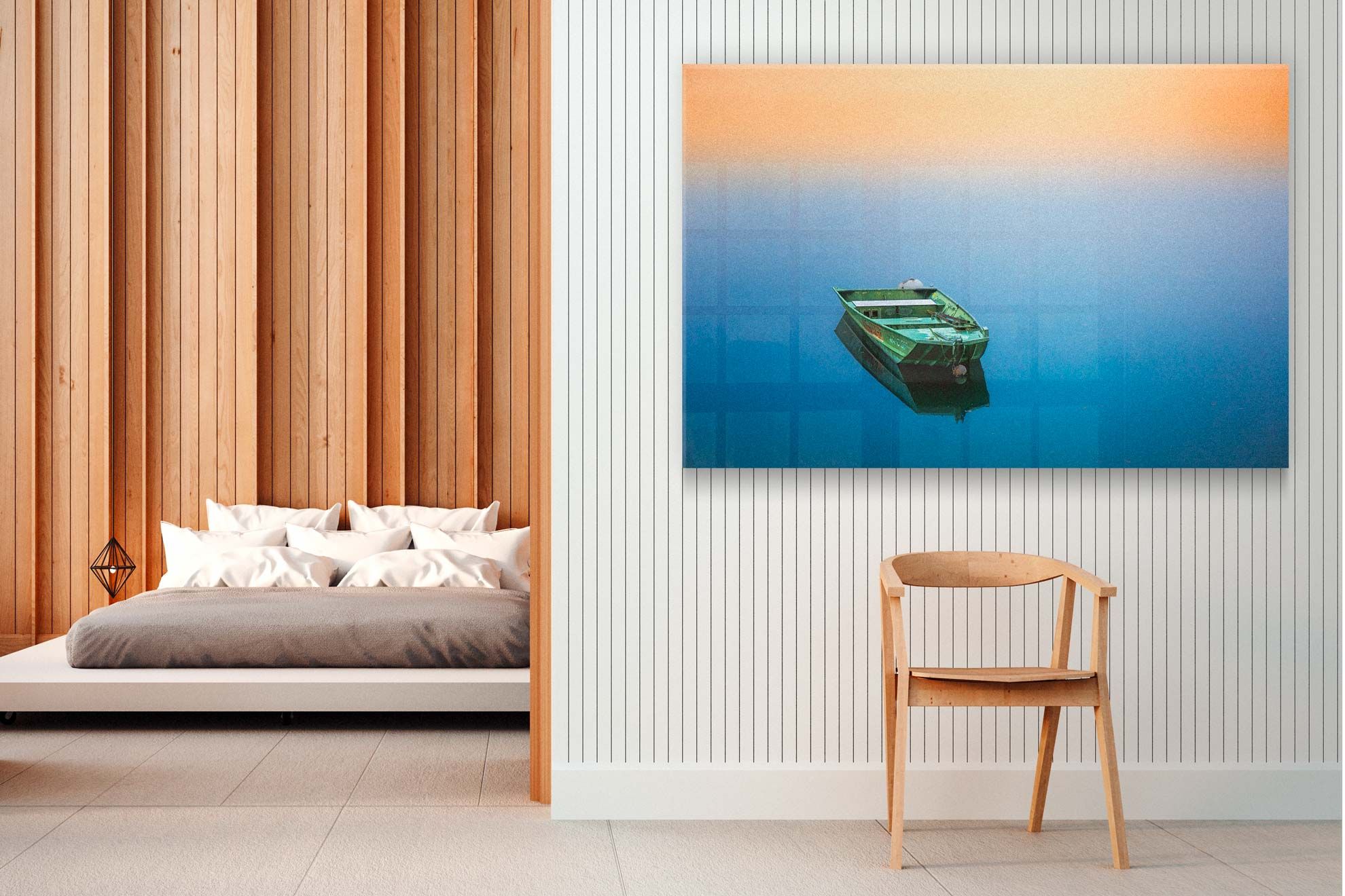 Impression numerique scene cotiere bateau solitaire sur verre acrylique pour murs chambre. Sprint24.