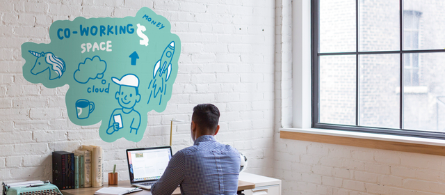 Adhésif mural PVC turquoise avec graphiques co-working et icônes modernes pour bureaux inspirants.