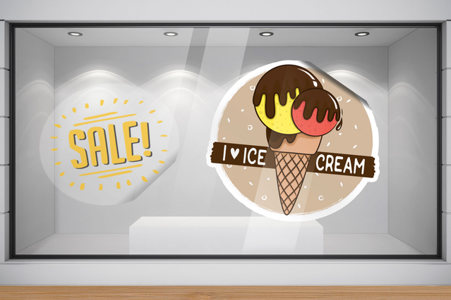Vitrophanies pour gelaterie avec images produits vibrantes et messages promotionnels. Sprint24.