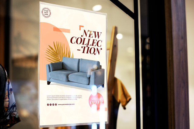 Affiche A3 mobilier contemporain et esthetique moderne pour vitrines commerce. Sprint24.