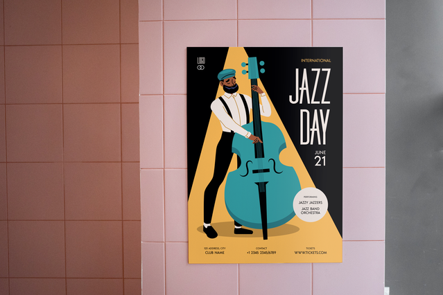 Affiche art deco Jazz Day 21 avec musicien stylise et typographie doree audacieuse. Sprint24.