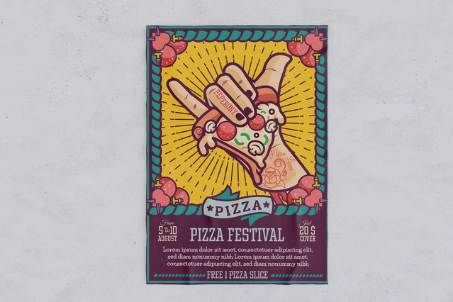 Affiche festival pizza 70x100 vibrante avec illustration coloree et typographie. Sprint24.