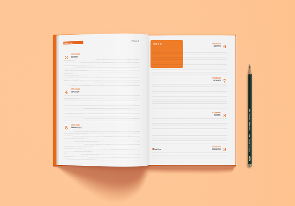 Agenda cartonne hebdomadaire ouvert double page en-tetes orange sections journalieres et case Note. Sprint24.