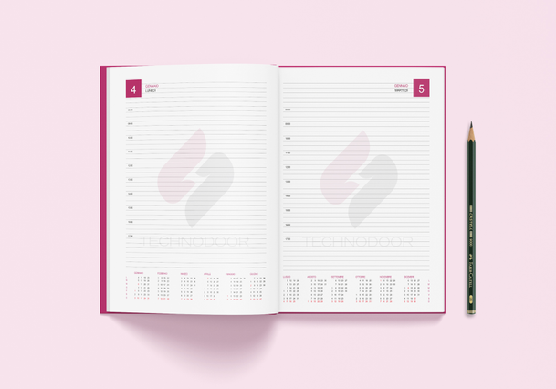 Agenda cartonne quotidien ouvert double page accents roses et. Agenda cartonne quotidien ouvert une-page-par-jour en-tetes roses tranches horaires mini-calendrier. Sprint24.