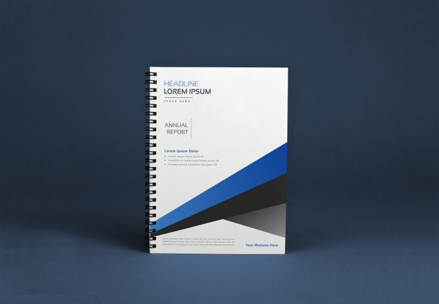 Cahier professionnel à reliure spirale métallique avec couverture blanche épurée et éléments de design bleu et noir. Parfait pour la personnalisation et les présentations professionnelles. Idéal pour les entreprises recherchant une reliure spirale durable et de haute qualité pour les catalogues et documents commerciaux.