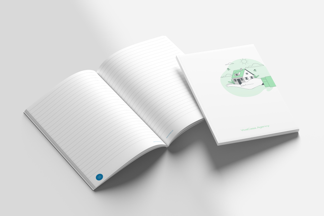 Cahier A4 ligné en brossure ouvert avec marque personnalisée Modele cahier broche A4 pages lignees pour branding entreprise et applications commerciales. Sprint24.