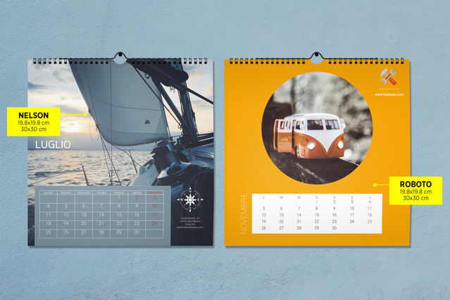 Modèles calendriers muraux 7 feuilles spirale avec grilles mensuelles et photos pour branding entreprise.