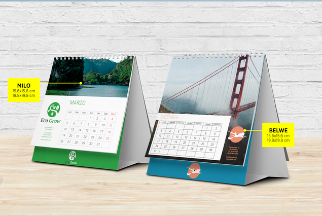 Calendriers de table spiralés 13 feuilles avec grandes zones photo et grilles mensuelles.
