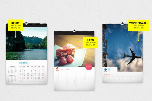 Trois modèles de calendriers muraux avec sections photo personnalisées et grilles mensuelles.