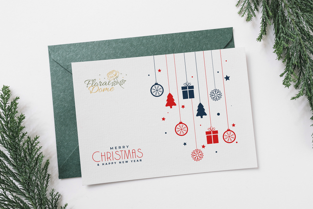 Carte de Noel minimaliste ornements suspendus et motifs cadeaux pour voeux personnalises. Sprint24.