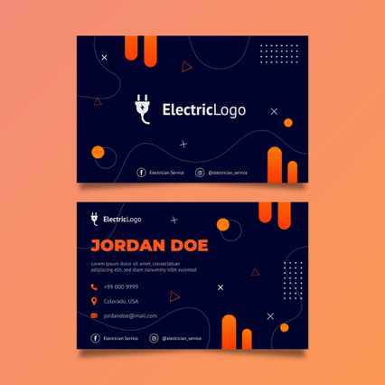 Carte visite electricien moderne design bleu marine et orange elements geometriques. Sprint24.