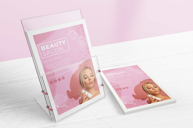 Cartes Beauty Salon rose 400gr sur presentoir acrylique. Marketing point de vente Sprint24.