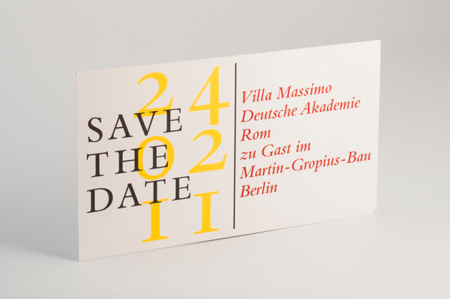 Carte Save the Date avec chiffres jaunes. 3 Pantone sur quadrex giglio 350g, format A6 10x15.