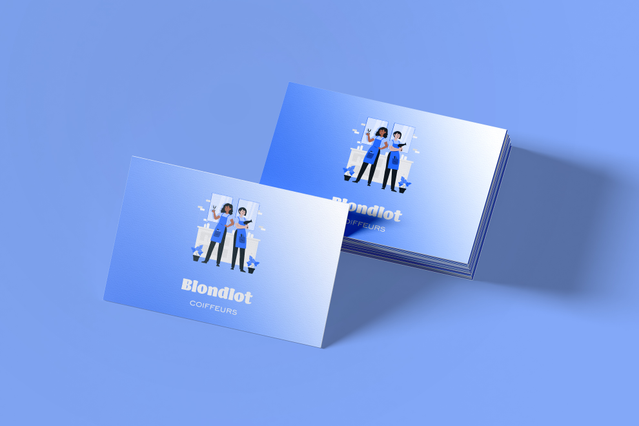 Cartes de visite professionnelles conçues pour les salons de coiffure et les spécialistes de la beauté. Ces cartes bleues saisissantes présentent une illustration d'équipe moderne, parfaites pour construire l'identité de la marque et créer des impressions mémorables avec les clients. Idéales pour les coiffeurs souhaitant mettre en valeur l'image professionnelle de leur salon.