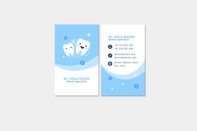 Cartes de visite dentiste bleu joyeuses avec caracteres dents. Cartes de visite dentiste design bleu ludique caracteres dents amicaux pour cabinets. Sprint24.