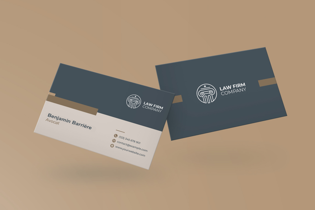 Cartes de visite professionnelles d'avocat avec branding cabinet. Cartes de visite premium professionnels droit design bicolore bleu fonce et creme. Sprint24.