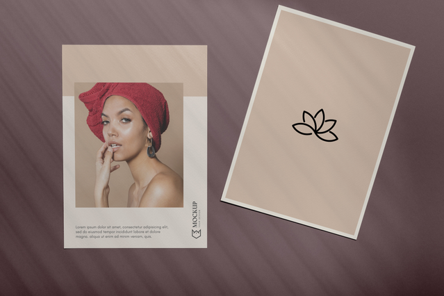 Deux cartolinas: portrait femme foulard rouge et logo lotus minimaliste sur beige. Sprint24.