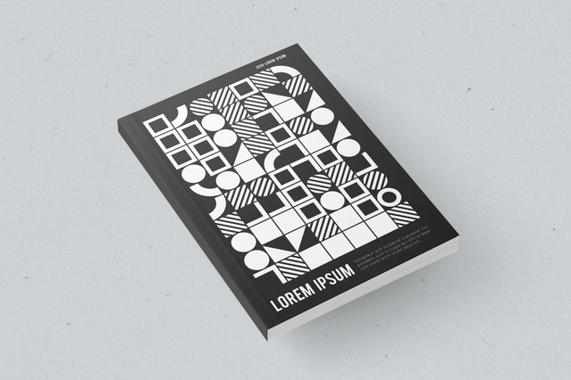 Catalogue imprimé personnalisé couverture géométrique noir et blanc Catalogue imprime copertine geometrique noir blanc grilles cercles triangles. Broche Sprint24.