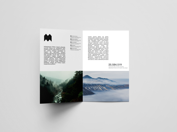 Depliant 2 volets blanc ouvert logo montagne boussole noire et photos. Depliant 2 volets blanc ouvert logo montagne boussole noir et photos foret brumeuse volcan. Sprint24.