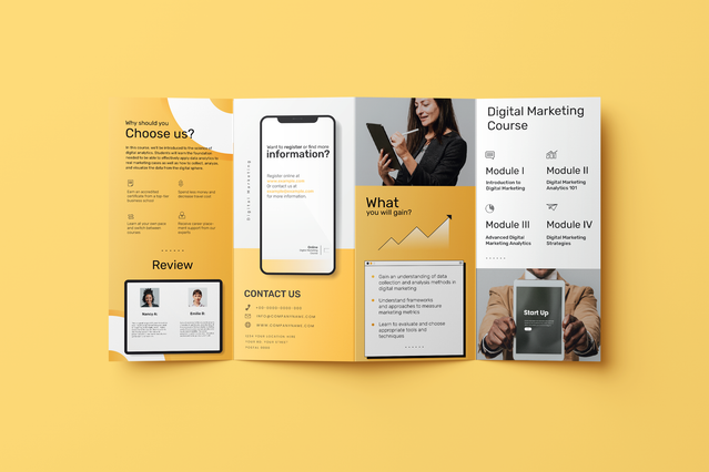 Depliant 4 volets jaune blanc Digital Marketing Course ouvert quatre modules mockup telephone. Sprint24.