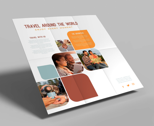 Depliant 6 volets croix plat Travel Around the World photos couple. Depliant 6 volets croix plat Travel Around the World photos couple et panneaux orange sarcelle. Sprint24.