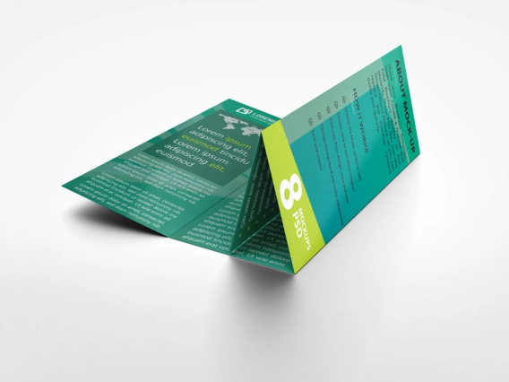 Depliant a plis fenetre teal vert partiellement ouvert six volets avec texte et graphique numero. Sprint24.