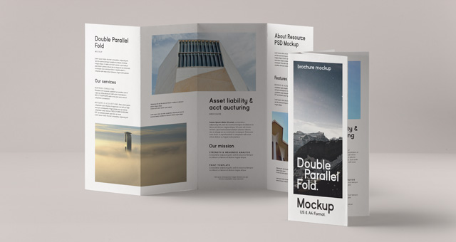Depliant incarto ouvert photo architecturale et panneau asset liability auditing. Sprint24.