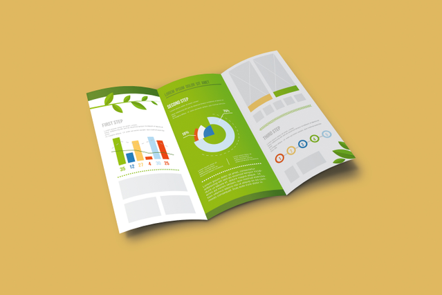 Depliant portefeuille ouvert sur fond dore avec infographies colorees graphiques et sections etapes. Sprint24.