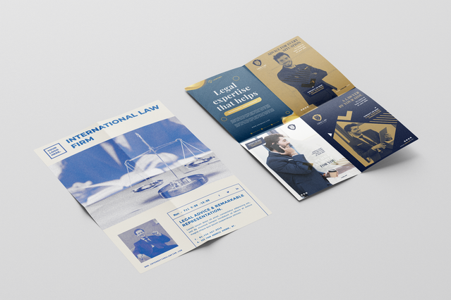 Deux depliants croix International Law Firm blanc marine or avec. Deux depliants croix International Law Firm: blanc bleu et marine or avec portraits avocats. Sprint24.