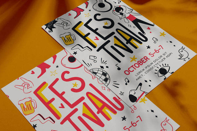 Deux flyers A3 pour un festival avec des icônes musicales colorées dessinées à la main — microphone, casque, étoiles, guitare — et typographie 'Festival' en gras pour un événement d'octobre. Les flyers A3 personnalisés sont l'outil promotionnel grand format idéal pour concerts, festivals et événements culturels.