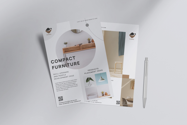 Deux flyers A4 Compact Furniture avec photos interieures circulaires et typographie minimale. Sprint24.