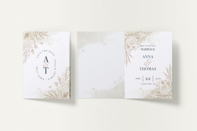 Elegantes faire-part mariage blanches accents botaniques en or et monogrammes. Sprint24.