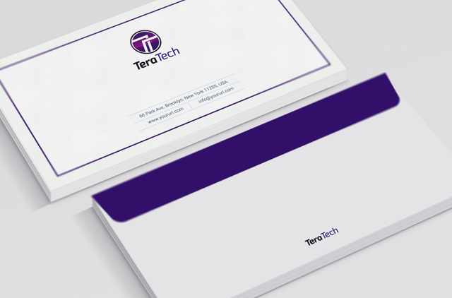 Enveloppes TeraTech pour mise sous pli: recto logo adresse, verso rabat violet. Papier 80gr Sprint24.