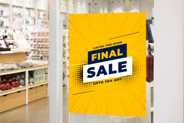 Etiquette PVC jaune Soldes Finales pour vitrines commerciales et campagnes promotionnelles. Sprint24.