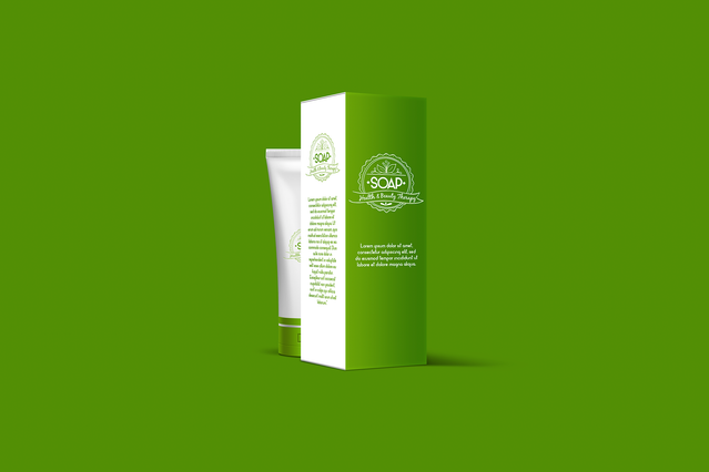 Étui cosmétique vert sur mesure avec découpe mettant en valeur le produit. Vernis UV et finitions premium pour un emballage.