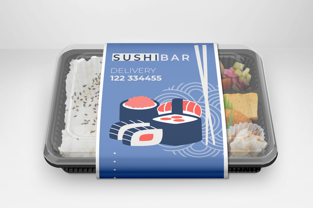 Plateau sushi avec fascia bleue Sushi Bar illustrations sushi et numero livraison. Sprint24.