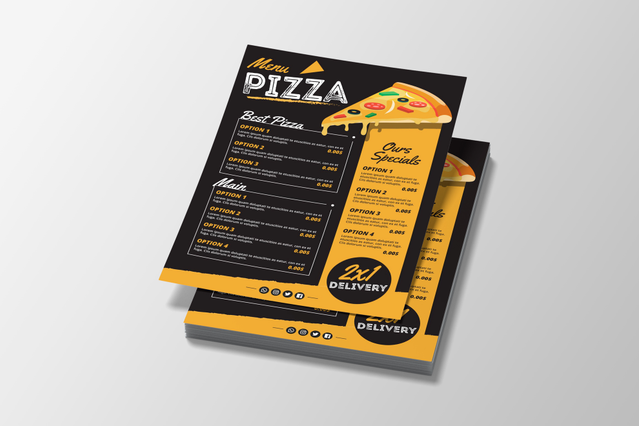 Un flyer A5 audacieux pour un restaurant de pizza avec fond sombre, accents jaunes, illustration de pizza, sections de menu et appel à l'action livraison. Le design fort en contraste illustre le potentiel d'impression de flyers personnalisés pour la restauration. Imprimez des flyers promotionnels en ligne avec Sprint24.