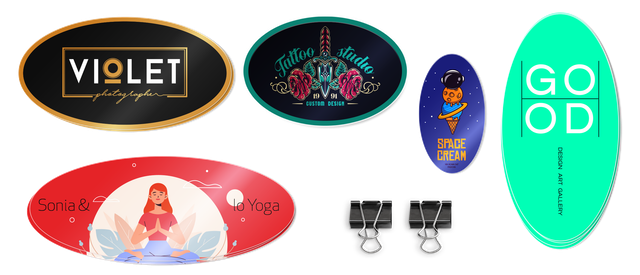 Autocollants ovales personnalisés avec designs variés sur PVC premium pour packaging et promotion.