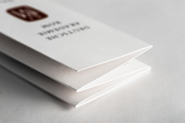 Dépliants blancs pliés professionnels avec logo discret marron, imprimés en 2 couleurs Pantone sur papier kriocolor premium. Finition avec rainage précis et pli accordéon pour une présentation nette et soignée. Parfait pour l'impression de dépliants haute qualité et matériaux promotionnels.