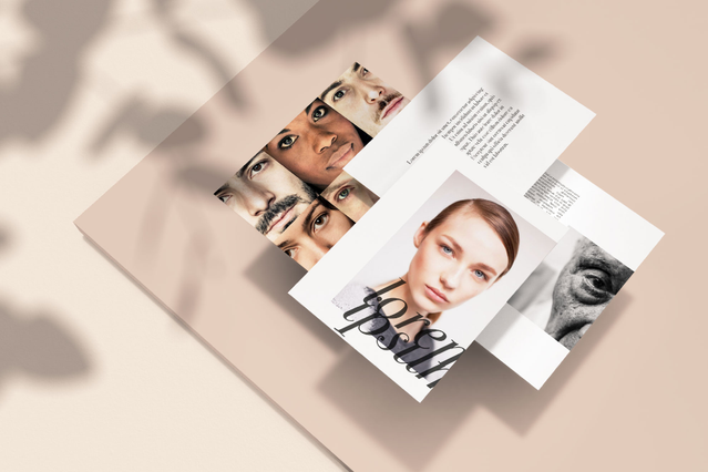 Imprimés portrait éditorial et supports sagomés sur surface beige. Campagnes créatives lookbooks Sprint24.