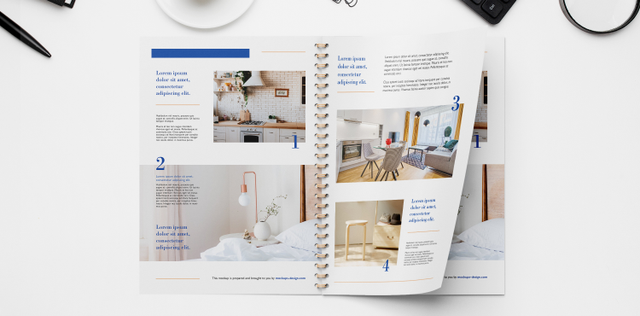 Magazine professionnel relié à spirale présentant un contenu design d'intérieur et l'inspiration décoration intérieure. Cette publication de qualité propose des pages magnifiquement mises en page, idéales pour les portfolios de conception, les projets éditoriaux et les matériaux marketing personnalisés. Créez votre propre magazine relié à spirale en ligne avec le service de personnalisation de Sp…