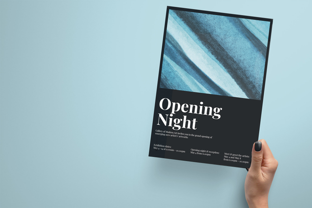 Main tenant flyer A4 Opening Night Gallery of Modern Art texture bleue abstraite. Sprint24.
