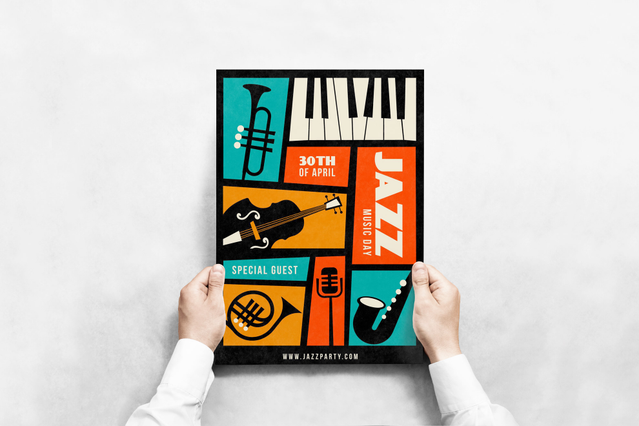 Deux mains tenant une affiche A3 Jazz Party avec des panneaux géométriques rétro en sarcelle, orange et rouge présentant piano, trompette, guitare, microphone et saxophone — événement du 30 avril. Les affiches A3 avec illustration musicale rétro sont parfaites pour concerts de jazz et soirées musicales.