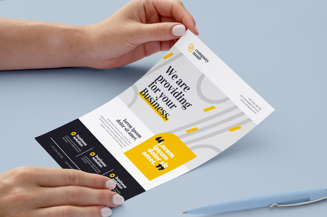 Echantillons impression tracts personnalises designs vibrants jaune et blanc pour evenements. Sprint24.
