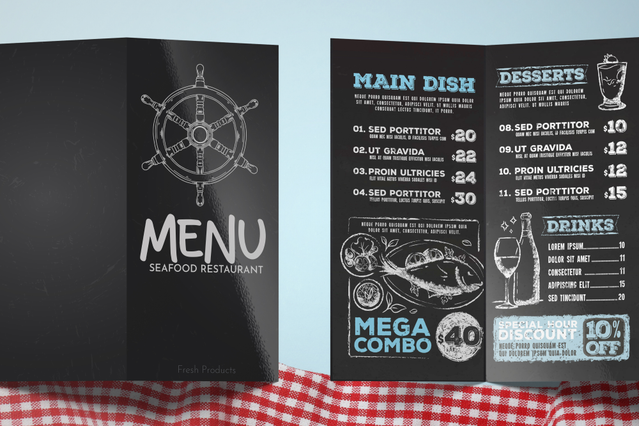 Un menu imprimé et plastifié conçu pour les établissements de restauration casual, avec une organisation claire des articles de menu, des prix et des sections. La finition plastifiée durable protège contre les éclaboussures et les manipulations fréquentes, ce qui la rend idéale pour les restaurants, pizzérias et services de restauration.