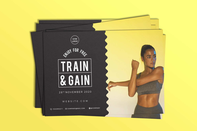 Cartes Train and Gain palestra 400gr bords decoupe sur jaune. Promotion fitness mailing Sprint24.