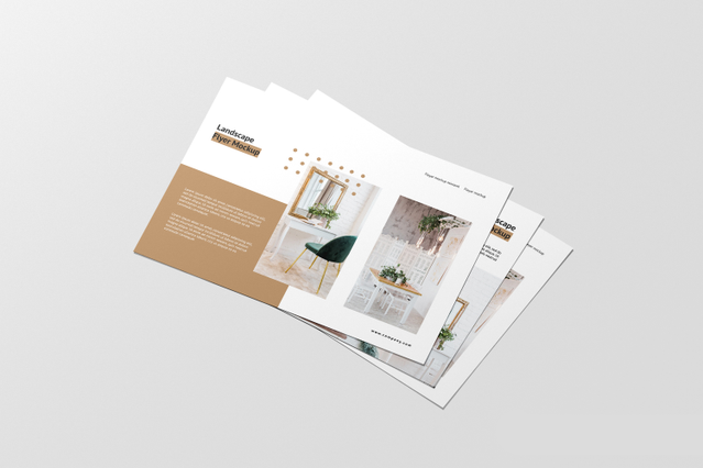 Une pile de flyers personnalisés en format paysage avec une mise en page bicolore or et beige présentant une photographie de design intérieur. Les flyers personnalisés en format paysage sont un outil publicitaire efficace pour studios de design, showrooms et agences immobilières.