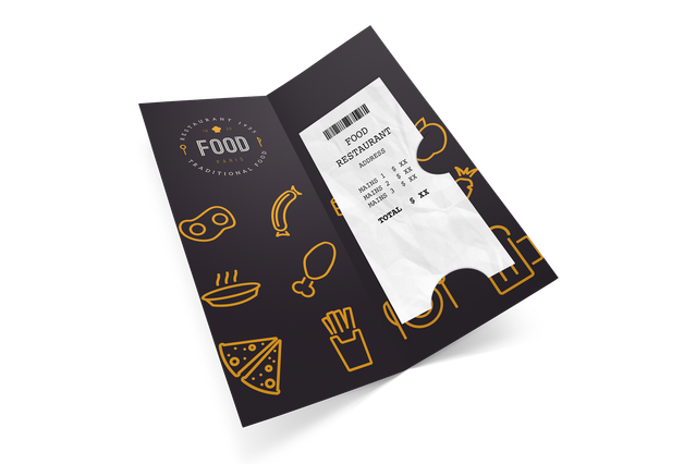 Porte addition premium noire avec icônes alimentaires dorées personnalisées, idéale pour les restaurants haut de gamme en quête d'expériences de paiement mémorables. Ce porte-addition conçu professionnellement améliore votre présentation de marque tout en affichant les additions clients de façon sécurisée. Parfait pour les établissements gastronomiques souhaitant combiner fonctionnalité et identi…